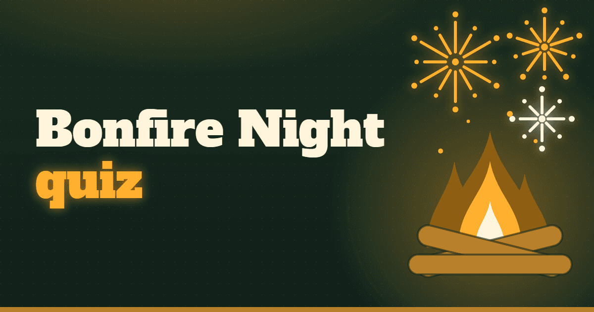 A bonfire with fireworks bursting above it on a dark green background, with the words Bonfire Night quiz.