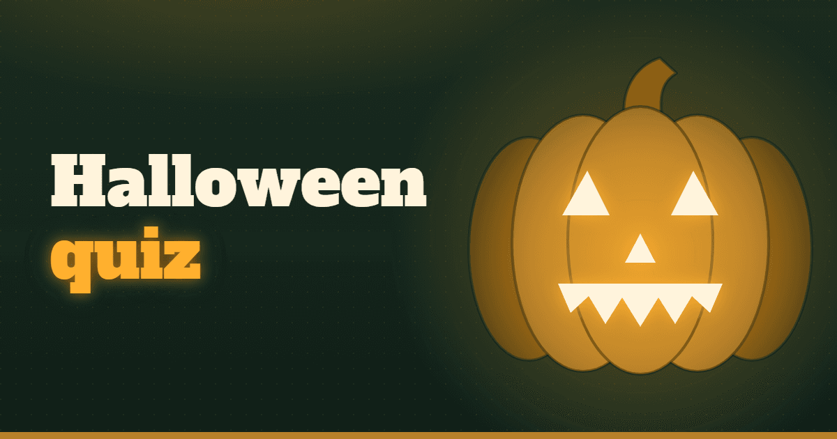 A carved jack-o'-lantern glowing on a dark green background, with the words Halloween quiz.