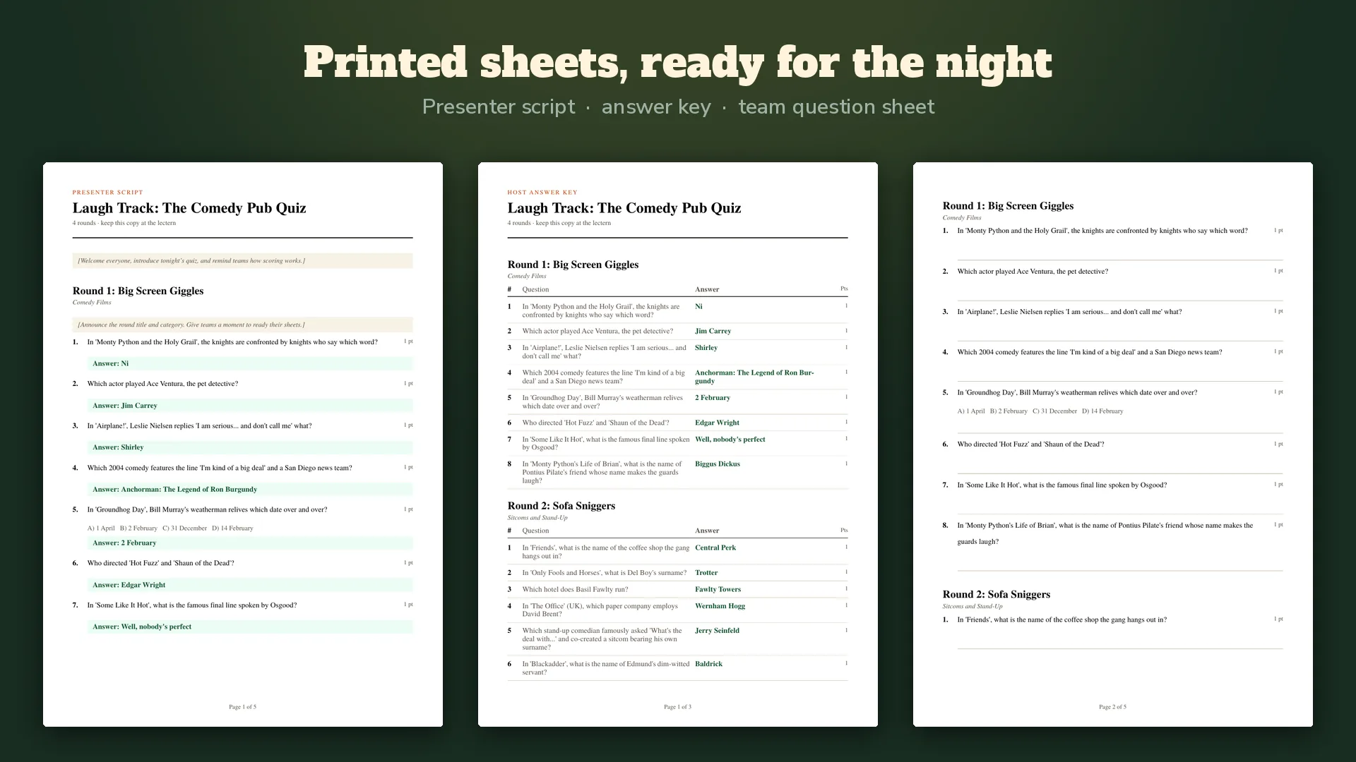 Three printed sheets from a TriviaFoundry pack: the presenter script, the host answer key and a team question sheet.