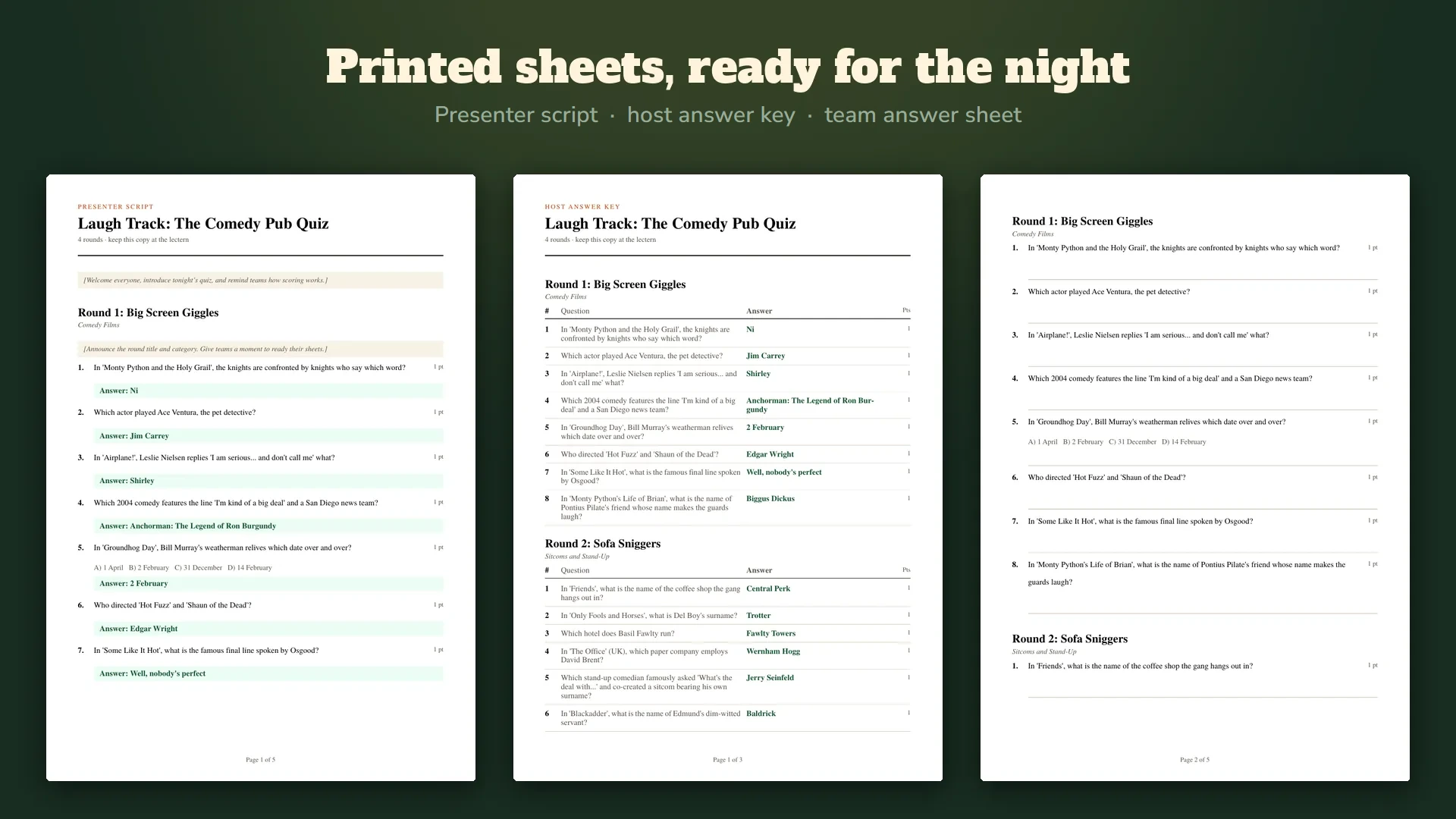 Three printed sheets from a TriviaFoundry pack: the presenter script, the host answer key and a team answer sheet.